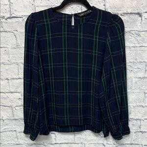 Zara Navy and Green Plaid Blouse